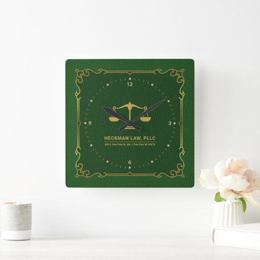 グリーンレザー金ゴールドジャスティススケールヴィンテージフレーム スクエア壁時計 (ホーム)