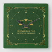 グリーンレザー金ゴールドジャスティススケールヴィンテージフレーム スクエア壁時計 (正面)