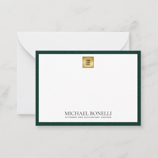 グリーンレザー金ゴールドスクエアロゴモノグラム ノートカード (正面)