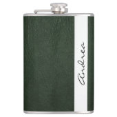 グリーンレザー、レザーの質感、あなたの名前 フラスク (正面)