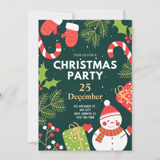 グリーンレッドおもしろいかわいいクリスマスパーティー 招待状 (正面)