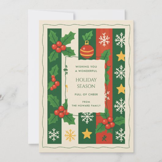 グリーンレッドお洒落ストライプウォーターカラーホリデーカード (正面)