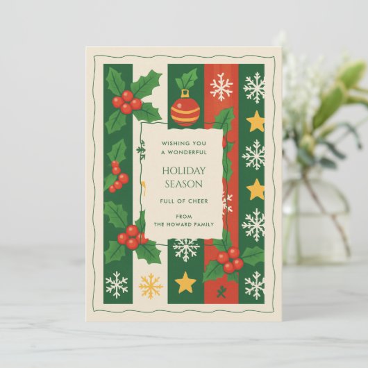 グリーンレッドお洒落ストライプウォーターカラーホリデーカード (スタンド正面)