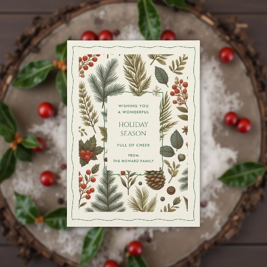 グリーンレッドお洒落フローラウォーターカラーホリデーカード