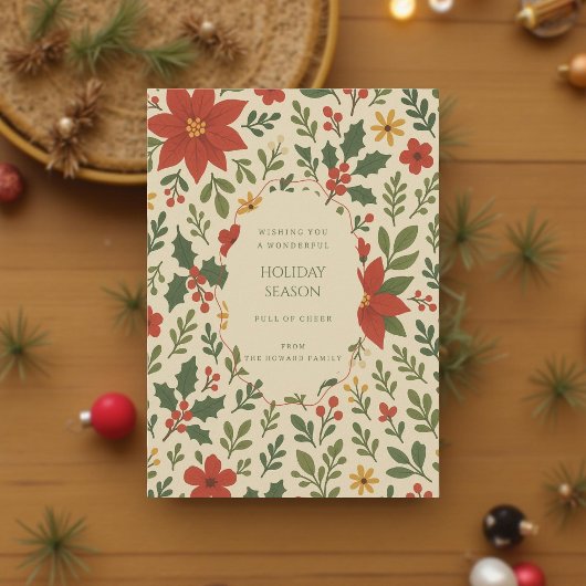 グリーンレッドお洒落フローラウォーターカラーホリデーカード
