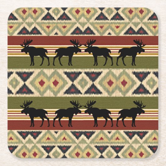 グリーンレッドアイボリーオークレエスニックルック スクエアペーパーコースター (正面)