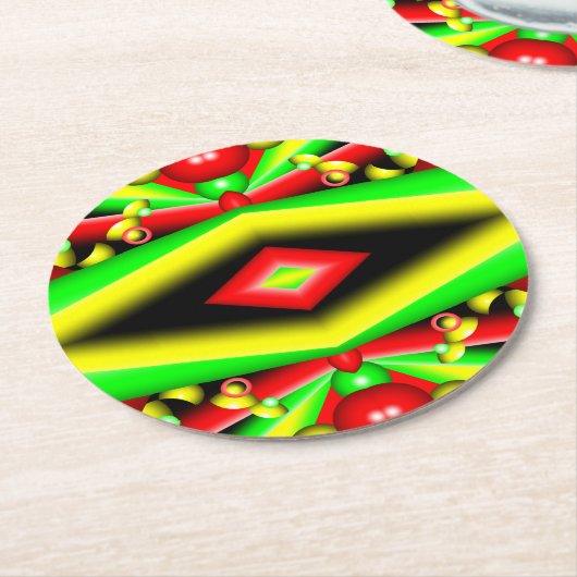 グリーンレッドイエローバブルとストライプ抽象芸術アート ラウンドペーパーコースター (アングル)