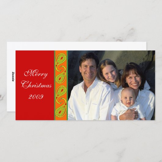 グリーンレッドオレンジペイズリーファミリークリスマスフォト シーズンカード (正面/裏面)
