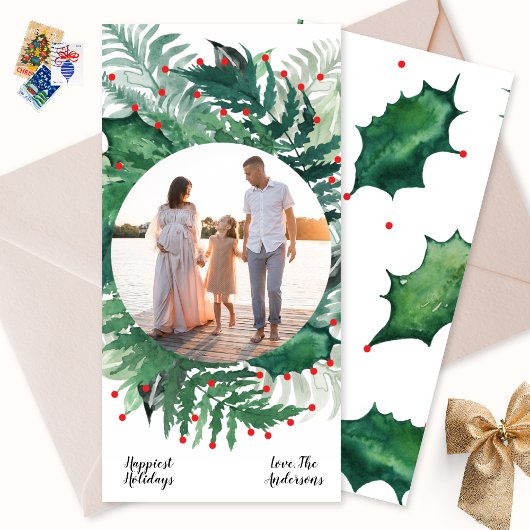 グリーンレッドクリスマスボタニカルリース写真長 シーズンカード