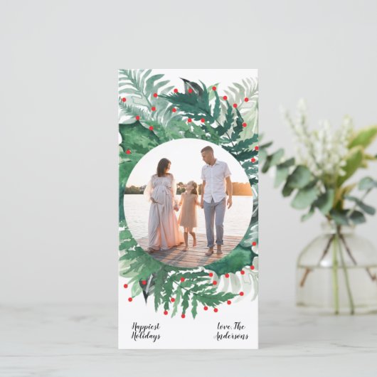 グリーンレッドクリスマスボタニカルリース写真長 シーズンカード (スタンド正面)