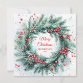 グリーンレッドクリスマスリースホリーエレガント シーズンカード (正面)