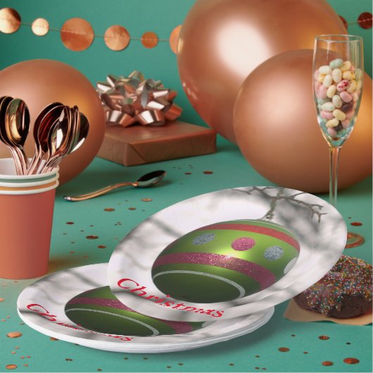 グリーンレッドストライプのオーナメントボール ペーパープレート (複数)