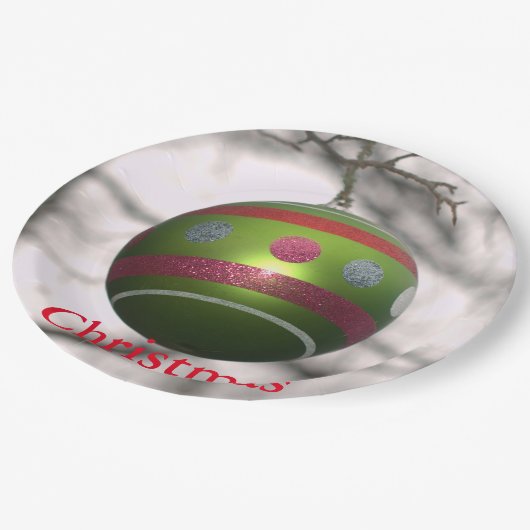 グリーンレッドストライプのオーナメントボール ペーパープレート (アングル)