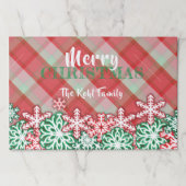 グリーンレッドスノーフレーククリスマスプレイド紙ランチョンマット ペーパーパッド (正面)