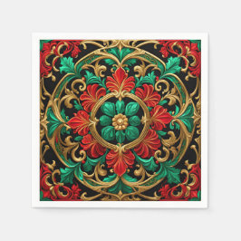 グリーンレッドデコレーションホリデーナプキン スタンダードカクテルナプキン