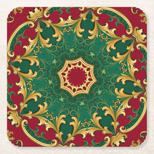 グリーンレッドデパティックホリデー紙コースター スクエアペーパーコースター (正面)