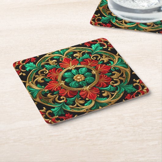 グリーンレッドデパティックホリデー紙コースター スクエアペーパーコースター (アングル)
