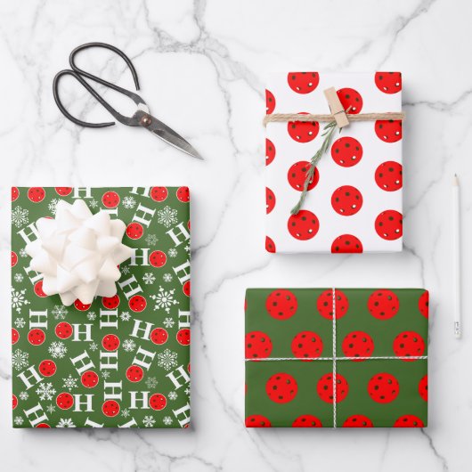 グリーンレッドピックボールクリスマスホホホホホホスノーフレーク ラッピングペーパーシート (正面)
