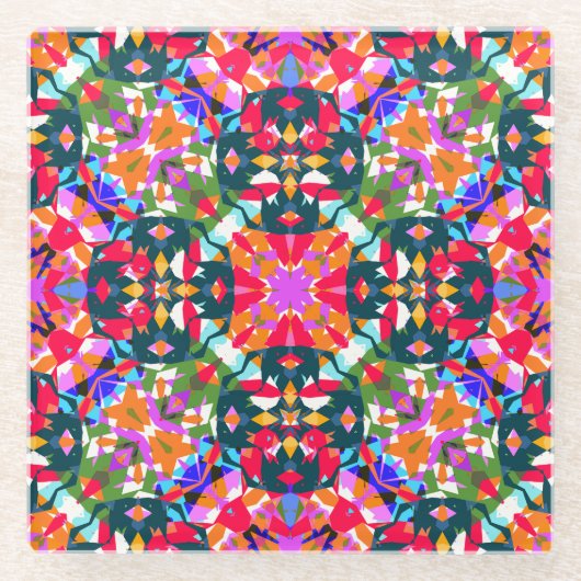 グリーンレッドピンクのクリスマスパタすてきーンカラフル ガラスコースター (正面)