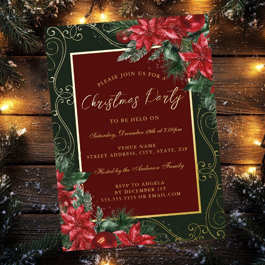 グリーンレッドフェスティバルフローラフレームクリスマスパーティー 箔招待状