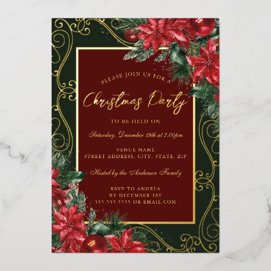 グリーンレッドフェスティバルフローラフレームクリスマスパーティー 箔招待状 (正面)