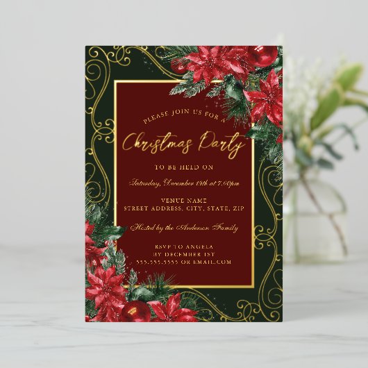 グリーンレッドフェスティバルフローラフレームクリスマスパーティー 箔招待状 (立ち正面)
