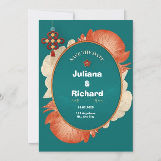 グリーンレッドフラワーデコレーション結婚式招待状 招待状 (正面)