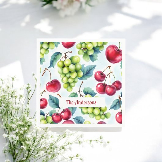 グリーンレッドフルーツさくらんぼ模様 スタンダードカクテルナプキン