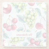 グリーンレッドフルーツブドウさくらんぼ水彩 ガラスコースター (裏面)