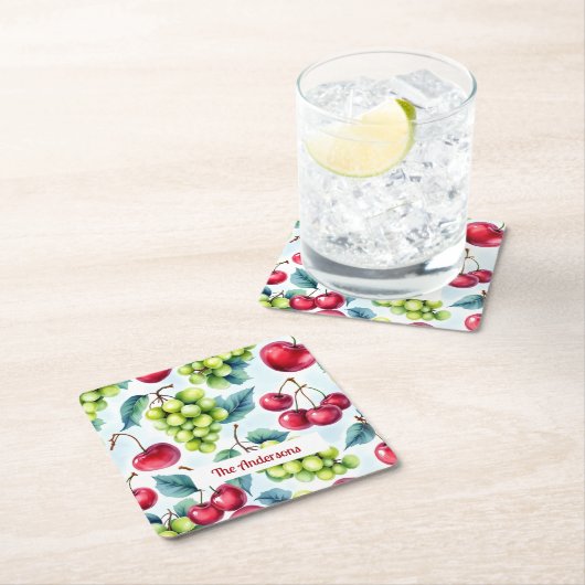 グリーンレッドフルーツブドウさくらんぼ水彩 スクエアペーパーコースター (インサイチュ)