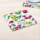 グリーンレッドフルーツブドウさくらんぼ水彩 スクエアペーパーコースター (アングル)