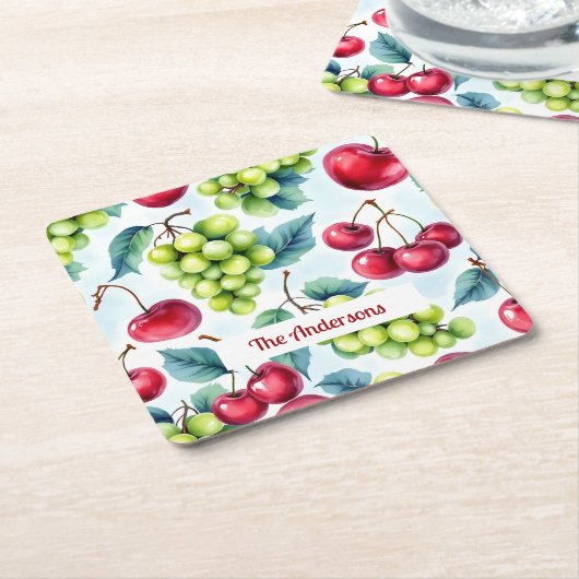 グリーンレッドフルーツブドウさくらんぼ水彩 スクエアペーパーコースター (アングル)
