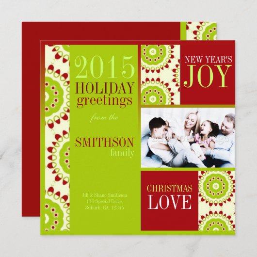 グリーンレッドフルーティクリスマスホリデー3フォトカード シーズンカード (正面/裏面)