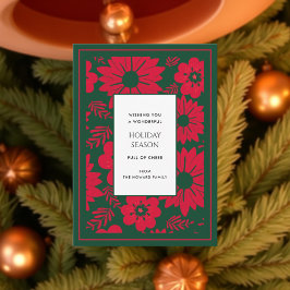 グリーンレッドフローラヴィンテージウォーターカラーホリデーカード