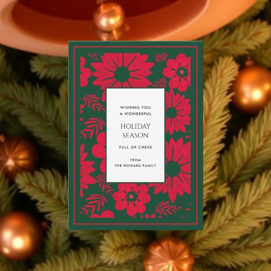 グリーンレッドフローラヴィンテージウォーターカラーホリデーカード