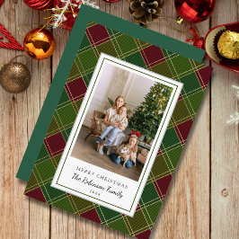 グリーンレッドプレイドフレームメリークリスマス シーズンカード
