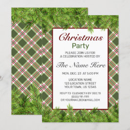 グリーンレッドプレイド&パインブランチクリスマスパーティー 招待状