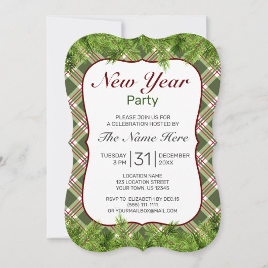 グリーンレッドプレイド&パインブランチニューイヤーパーティー 招待状 (正面)