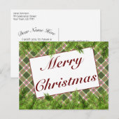グリーンレッドプレイド&パインメリークリスマスグリーティング 案内ポストカード (正面/裏面)