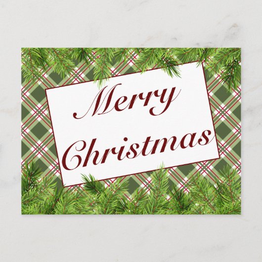 グリーンレッドプレイド&パインメリークリスマスグリーティング 案内ポストカード (正面)