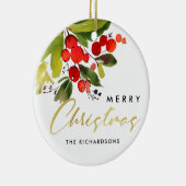 グリーンレッドベリーウォーター色メリークリスマス セラミックオーナメント (右)