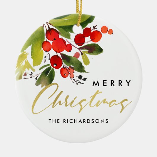 グリーンレッドベリーウォーター色メリークリスマス セラミックオーナメント (正面)
