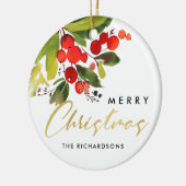 グリーンレッドベリーウォーター色メリークリスマス セラミックオーナメント (左)