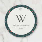 グリーンレッドベリークリスマスフローラルパターンモノグラム フェイバータグ (正面)