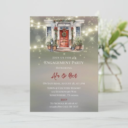 グリーンレッドベリーデコードアライト婚約パーティ 招待状 (スタンド正面)