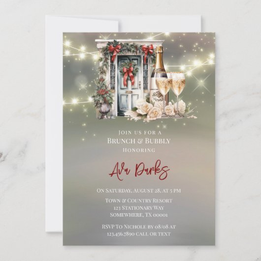 グリーンレッドベリーデコールドアライトブランチ&バブリー 招待状 (正面)