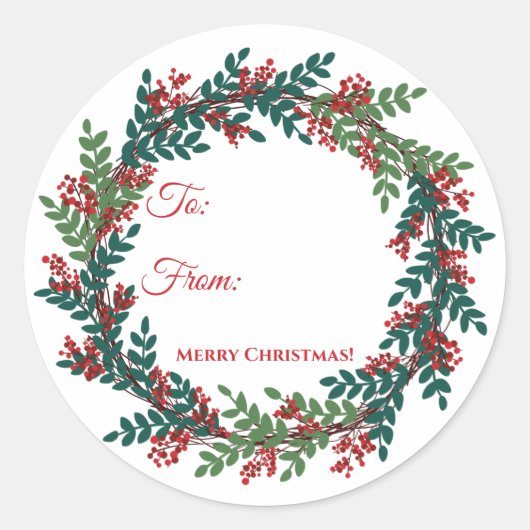 グリーンレッドベリーリースクリスマスギフトシール ラウンドシール (正面)