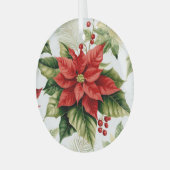 グリーンレッドポインセティアフラワークリスマスホリデー ガラスオーナメント (正面左)