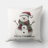 グリーンレッドメリークリスマスツリーズ雪だるま クッション (正面)
