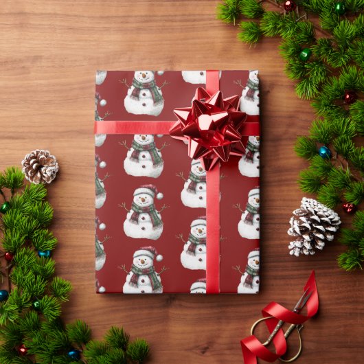 グリーンレッドメリークリスマスツリーズ雪だるま ラッピングペーパー (クリスマスギフト)